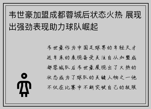 韦世豪加盟成都蓉城后状态火热 展现出强劲表现助力球队崛起